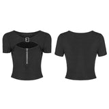 Women's Handsome Punk Zipper Knit Tight Short T-shirt With Hollow Out Design On Chest