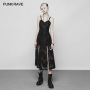 Gothic Dark Vintage Lace Strap Split Dress With Floral Design