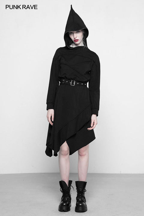 Personality Punk Asymmetric Layered Knit Dresses With Wizard Hat
