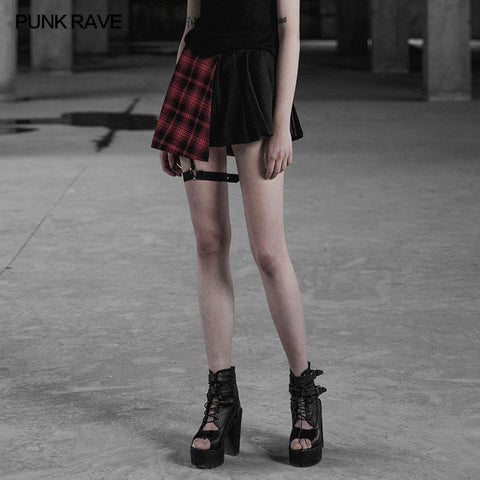 Punk Asymmetrical Black-Red Plaid Pleated Short Skirt For Women