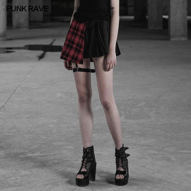 Punk Asymmetrical Black-Red Plaid Pleated Short Skirt For Women