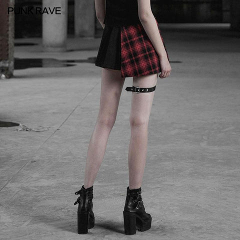 Punk Asymmetrical Black-Red Plaid Pleated Short Skirt For Women