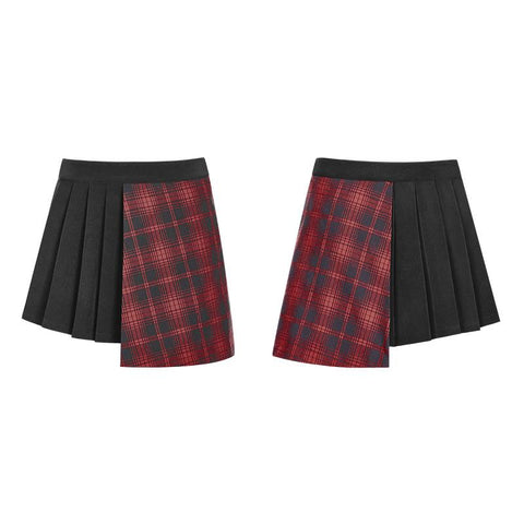 Punk Asymmetrical Black-Red Plaid Pleated Short Skirt For Women