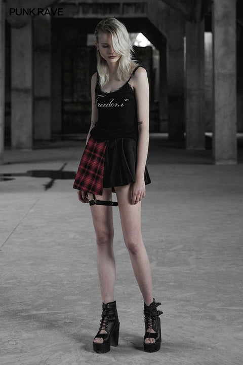Punk Asymmetrical Black-Red Plaid Pleated Short Skirt For Women