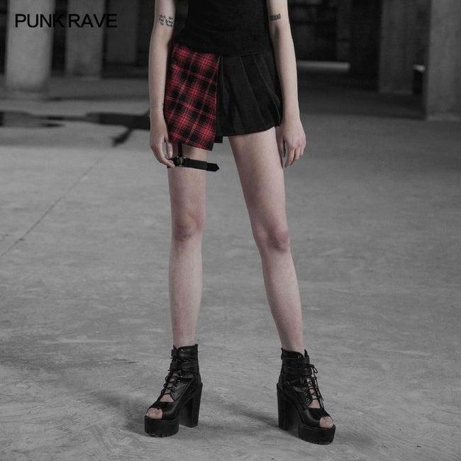 Punk Asymmetrical Black-Red Plaid Pleated Short Skirt For Women
