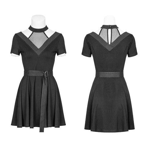 Personality Cotton Choker Mesh Stitching Black Punk Dress With Belt