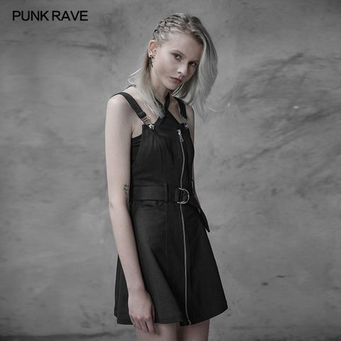 Personality Punk Metal A Pendulum Denim Dress With Adjustable Shoulder Straps