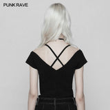 Punk Lace V-collar Back Cross Strap Knitted Sweater T-shirt