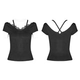 Punk Lace V-collar Back Cross Strap Knitted Sweater T-shirt