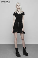 Punk Lace V-collar Back Cross Strap Knitted Sweater T-shirt