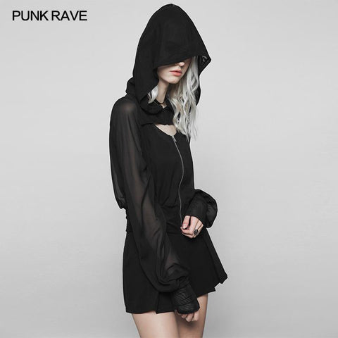 Dark Sexy V Collar Chiffon Mesh Stitching Short Punk Coat With Hood