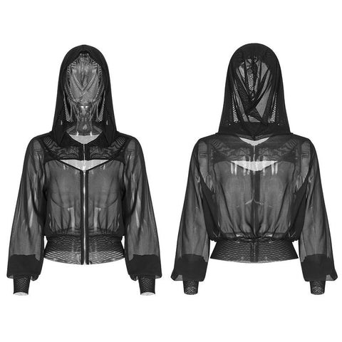 Dark Sexy V Collar Chiffon Mesh Stitching Short Punk Coat With Hood