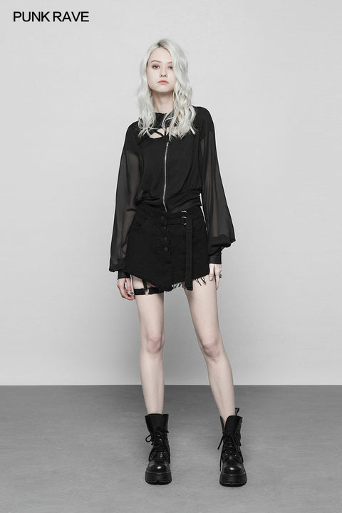 Dark Sexy V Collar Chiffon Mesh Stitching Short Punk Coat With Hood