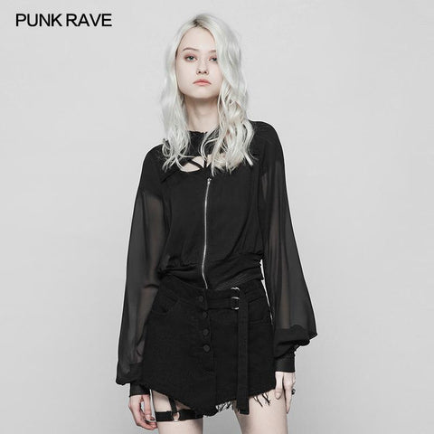 Dark Sexy V Collar Chiffon Mesh Stitching Short Punk Coat With Hood