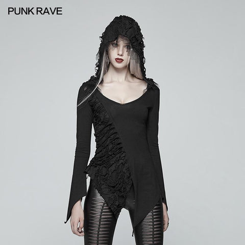 Dark Hooded Asymmetric Long Sleeve T-shirt