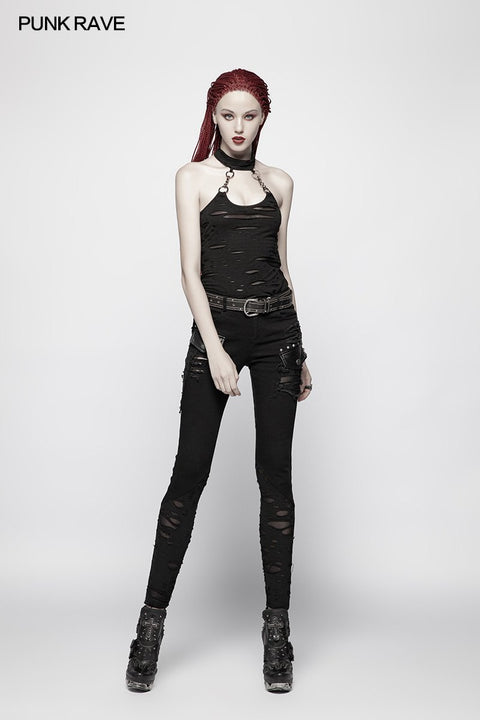 Punk Womens Halter Broken Hole Chain Knit Vest