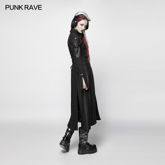 Punk Futuristic Long Coat With Adjustable Drawstring Design
