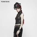 Punk High Neck Elastic Knitted PU Super Short Vest