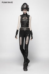 Punk High Neck Elastic Knitted PU Super Short Vest