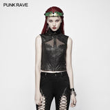 Punk High Neck Elastic Knitted PU Super Short Vest