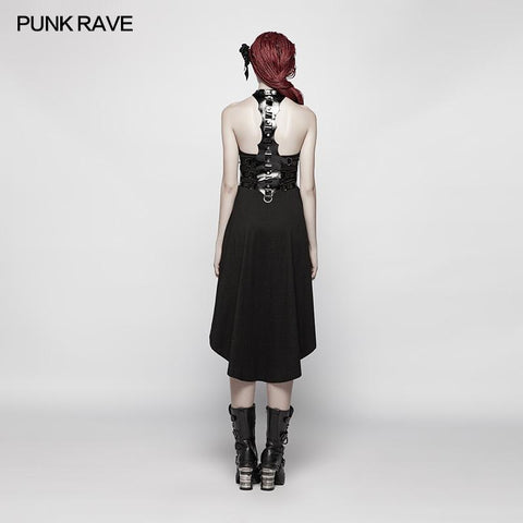 Dark Punk Halter Neck Spine Shaped High Low Dress