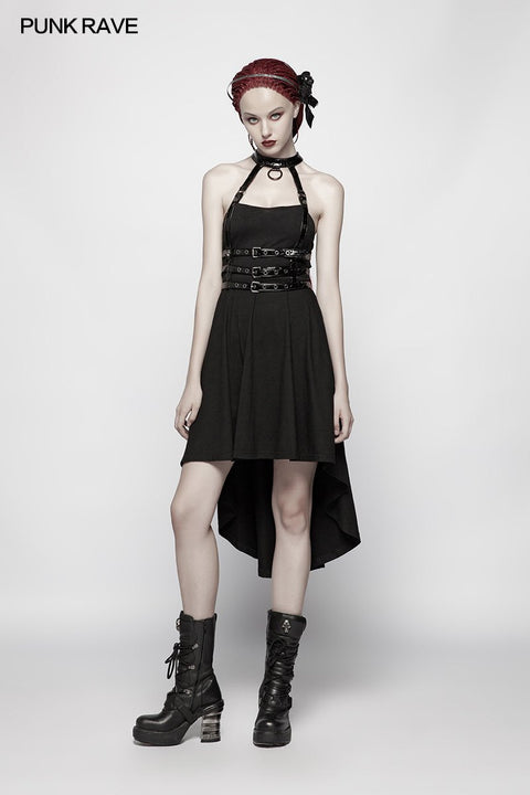Dark Punk Halter Neck Spine Shaped High Low Dress