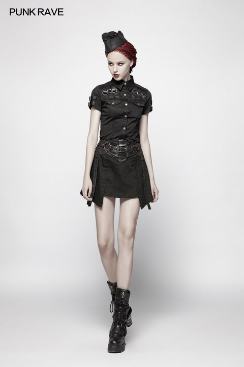 Military Short Sleeve Shirt With PU Loop And Metal Adjustment Buckle Blouse