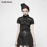 Military Short Sleeve Shirt With PU Loop And Metal Adjustment Buckle Blouse