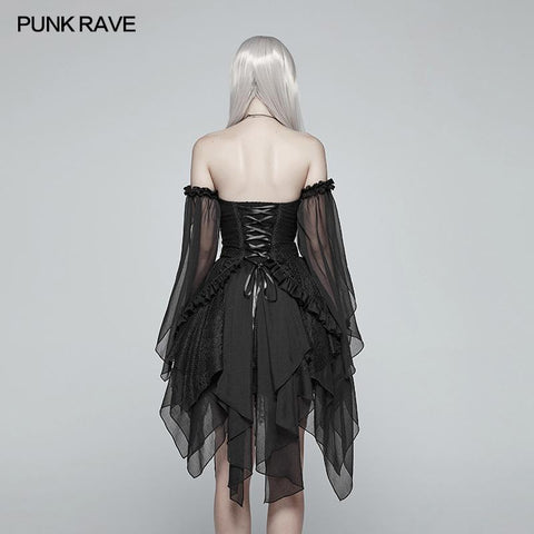 Lolita Black Off Shoulder Irregular Hem Elf Dress