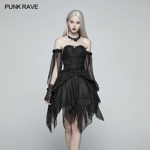 Lolita Black Off Shoulder Irregular Hem Elf Dress