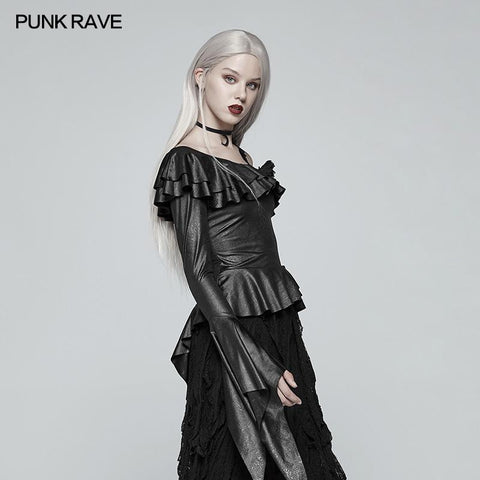 Gothic Stretch Dark Pattern Asymmetric Collar Top With Ruffle Cuff