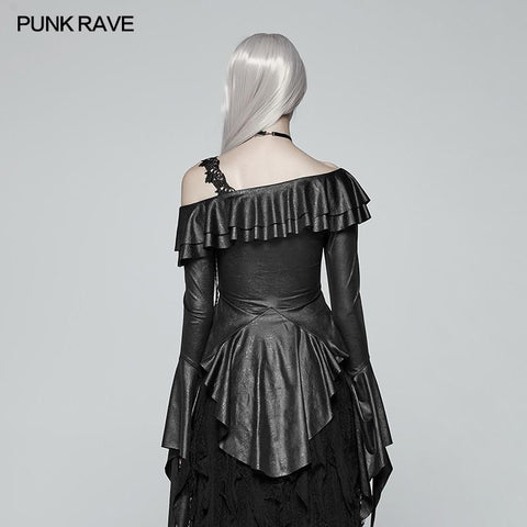 Gothic Stretch Dark Pattern Asymmetric Collar Top With Ruffle Cuff