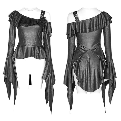 Gothic Stretch Dark Pattern Asymmetric Collar Top With Ruffle Cuff
