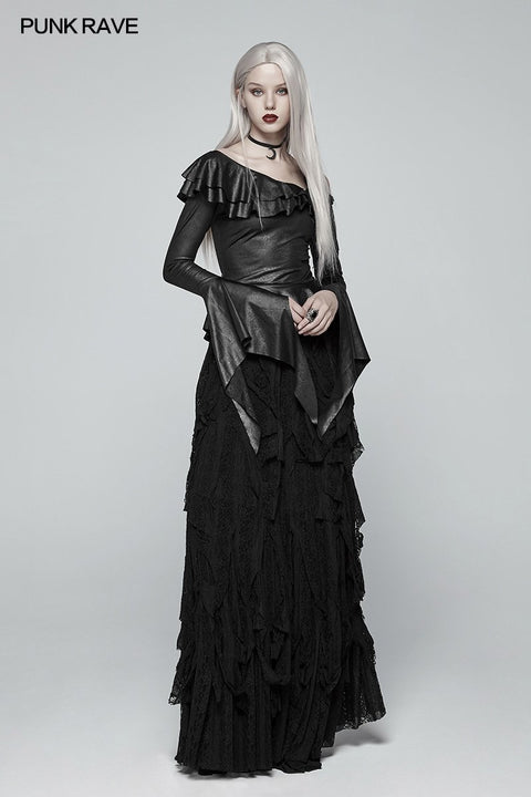 Gothic Stretch Dark Pattern Asymmetric Collar Top With Ruffle Cuff