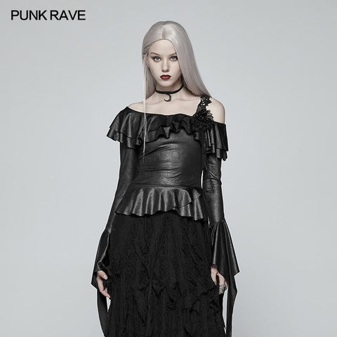 Gothic Stretch Dark Pattern Asymmetric Collar Top With Ruffle Cuff