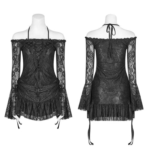 Gothic Off Shoulder Halter Neck Horn Sleeves Lace Mini Shirt