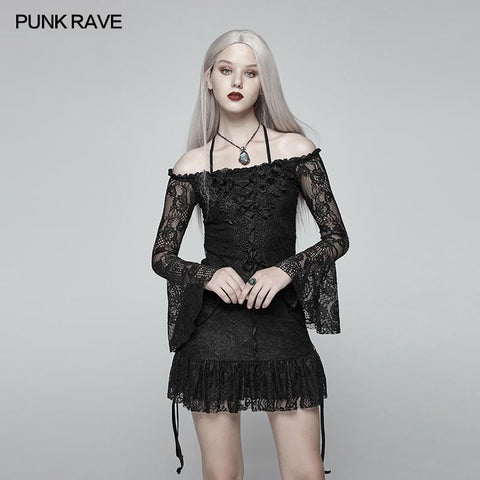 Gothic Off Shoulder Halter Neck Horn Sleeves Lace Mini Shirt