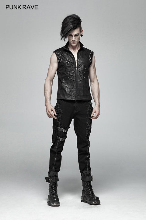 Men Punk Standing Collar Sleeveless Vest