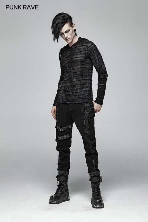 Men Punk Dark Printing Long Sleeves Hooded T-shirt