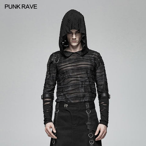 Men Punk Dark Printing Long Sleeves Hooded T-shirt