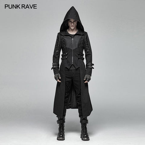 Men Punk Hooded Jacket Long Coat