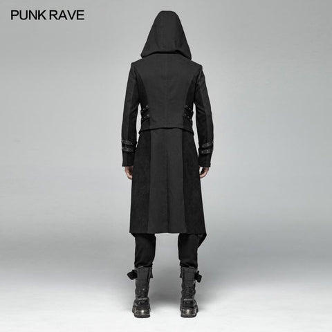 Men Punk Split Hooded Jacket Asymmetrical Long Trench Coat