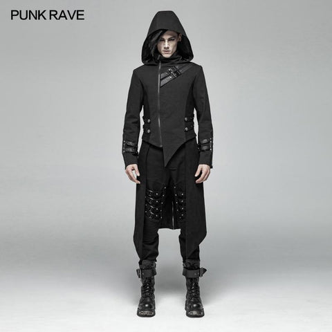 Men Punk Split Hooded Jacket Asymmetrical Long Trench Coat