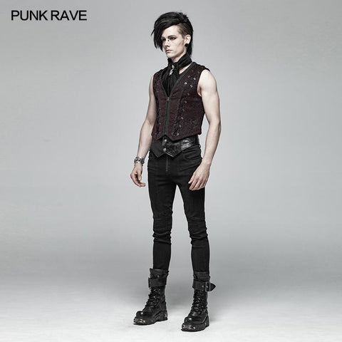 Goth Black And Red V-neck Zipper Vest With Cross Decoration