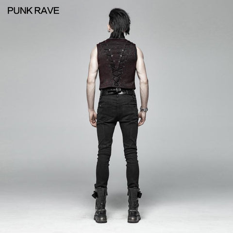 Goth Black And Red V-neck Zipper Vest With Cross Decoration
