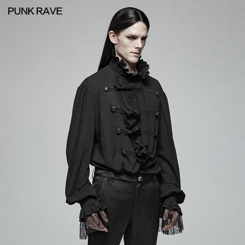 Men Gothic Partial Placket Lotus Leaf Loose Shirt With Standing Collar