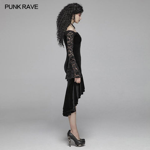 Gothic Women Velvet Long Sleeve High-low Lace Dress