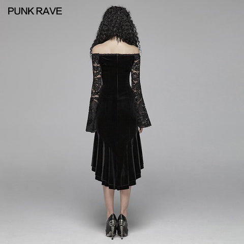 Gothic Women Velvet Long Sleeve High-low Lace Dress