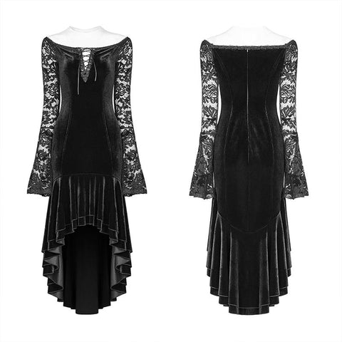 Gothic Women Velvet Long Sleeve High-low Lace Dress