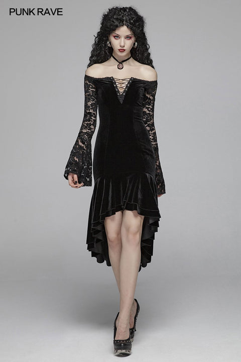 Gothic Women Velvet Long Sleeve High-low Lace Dress